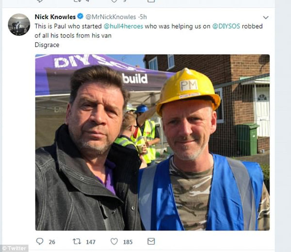 DIY SOS Nick Knowles (left) appeals for help on Twitter as the man he labelled the 'most amazing in Hull' is targeted by thieves. Paul Matson, 55, had all his tools stolen from his van_smart360